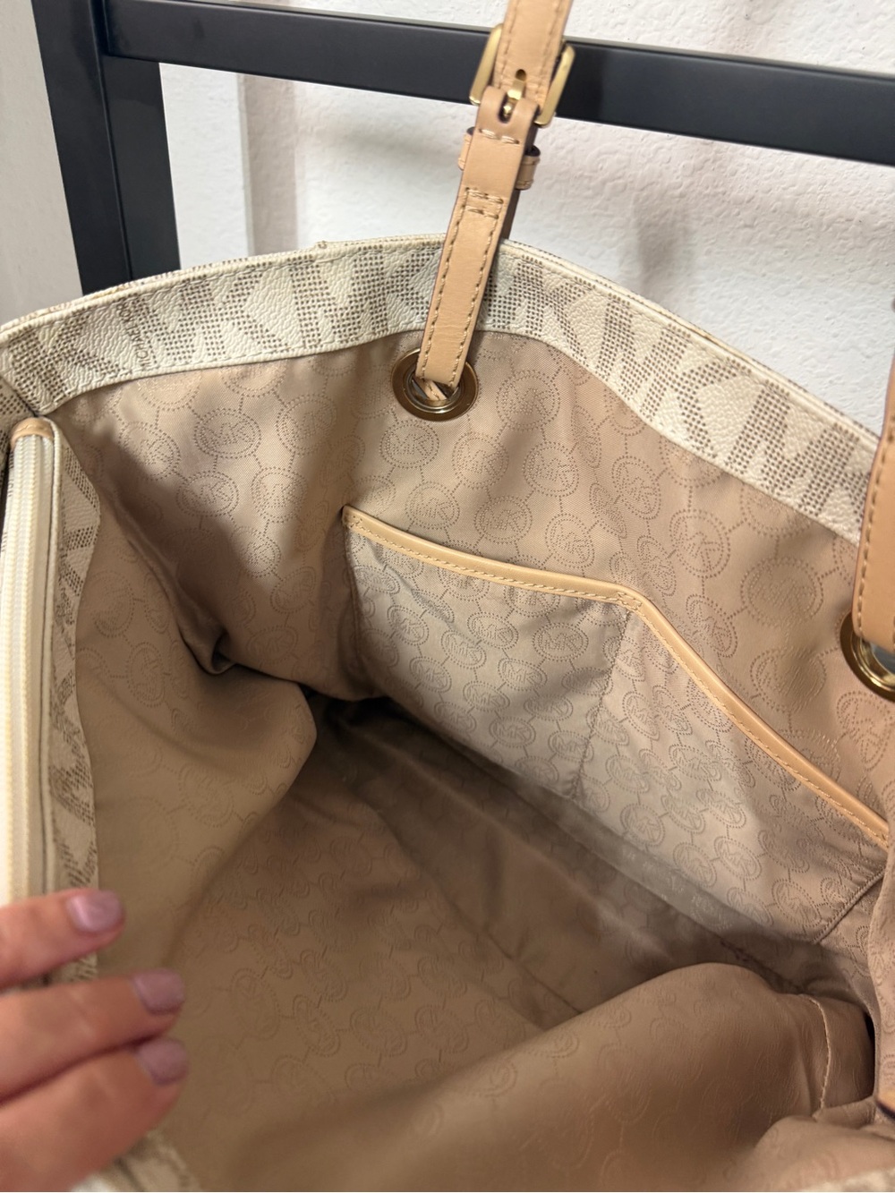 Michael Kors Beige MK Signature Tote with Tan Leather Handles - Picture 3 of 7